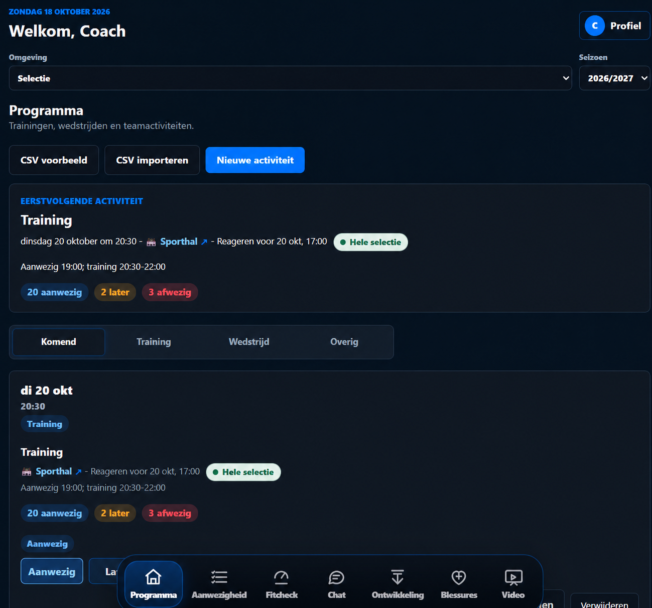 Selectieapp: programma, eerstvolgende activiteit en aanwezigheid